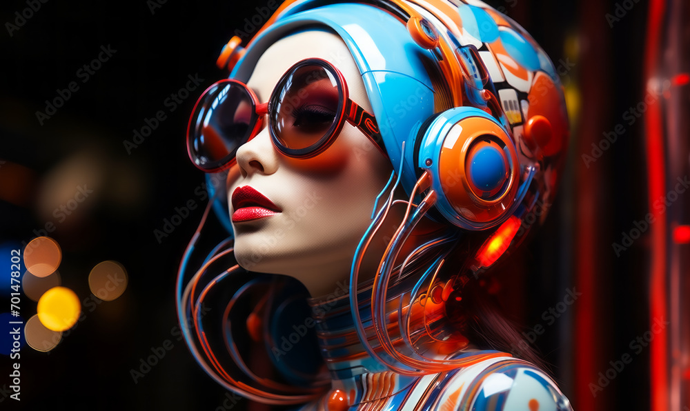 Futuristic cyborg woman with a vividly patterned headpiece and blue sunglasses, embodying cutting-edge fashion and technology