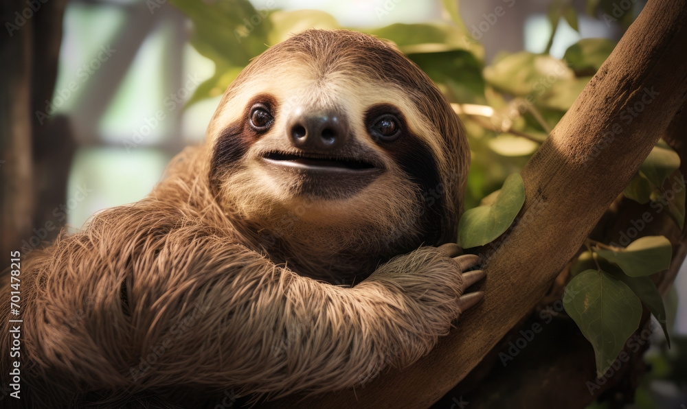 Cheerful Sloth Hanging on a Tree in a Lush Green Jungle Environment Cheerful Sloth Hanging on a Tree in a Lush Green Jungle Environment