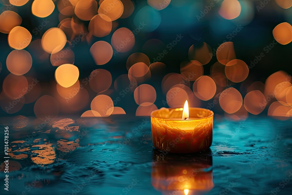 Yellow candle in front of a blue background Yellow candle in front of a blue background