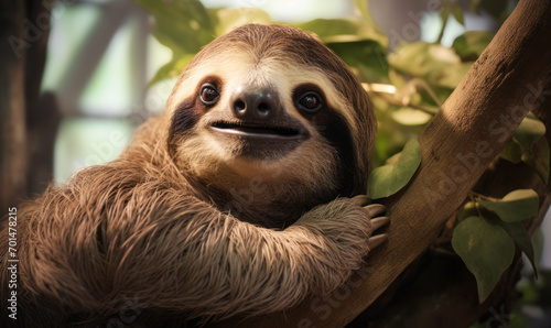 Cheerful Sloth Hanging on a Tree in a Lush Green Jungle Environment