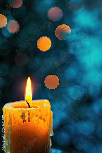 Yellow candle in front of a blue background