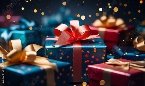 Festive celebration concept with assorted colorful gift boxes tied with satin ribbons and confetti on a dark background