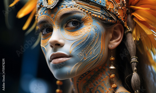 Surreal portrait of a young woman with artistic face paint in shades of aqua and orange, exuding a mystical aura