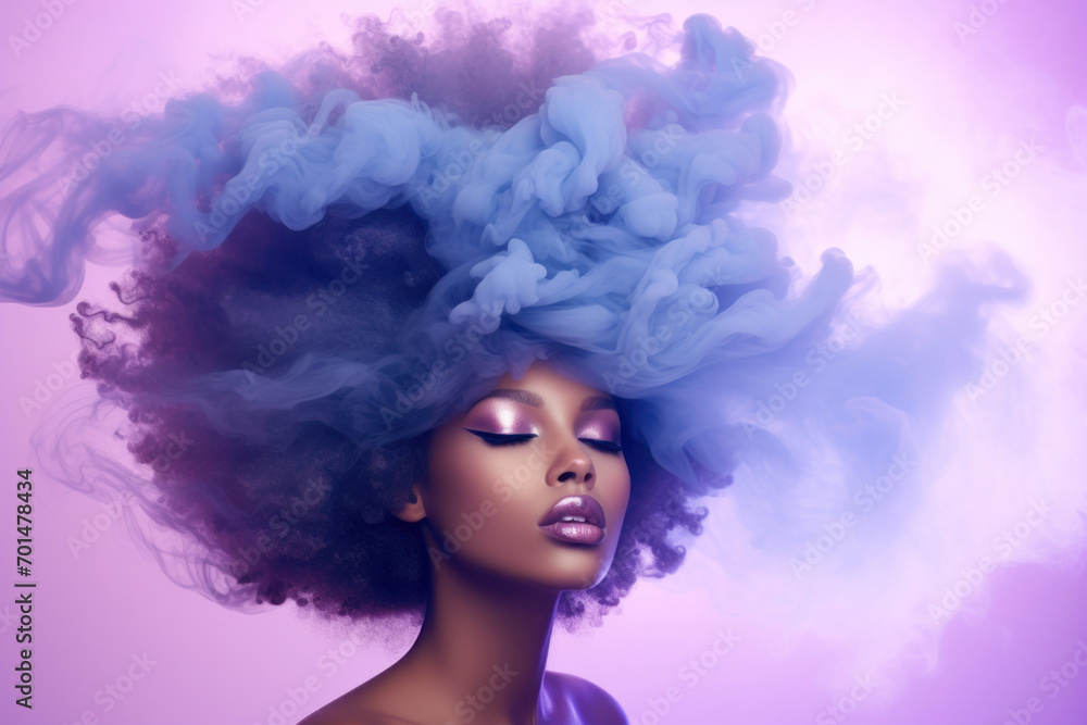 Surreal portrait of a woman with afro hair blending into billowing smoke, in a dreamy purple haze, symbolizing mystique and art. Surreal portrait of a woman with afro hair blending into billowing smoke, in a dreamy purple haze, symbolizing mystique and art.