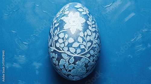  a painted egg sitting on top of a blue surface with leaves and flowers painted on the side of the egg.