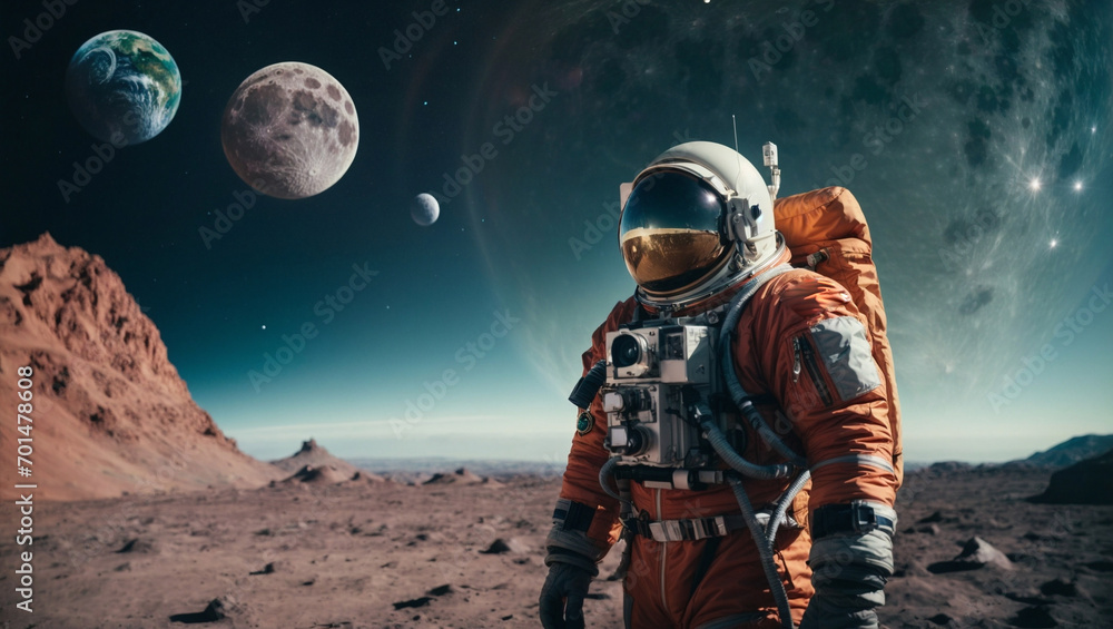 Fantasy portrait of an astronaut in deep space, standing on a distant planet. Universe and interstellar travel concept. Advance human civilization and exploration idea. Copy space. Fantasy portrait of an astronaut in deep space, standing on a distant planet. Universe and interstellar travel concept. Advance human civilization and exploration idea. Copy space.