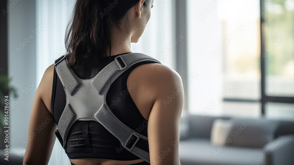 Posture Model From Rear Rear view of a woman wearing a posture-correcting brace, focusing on ...