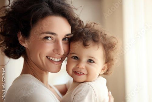 Mother and child share a tender moment, their closeness and joy evident in their bright smiles and the loving embrace in soft natural light © Ai Studio