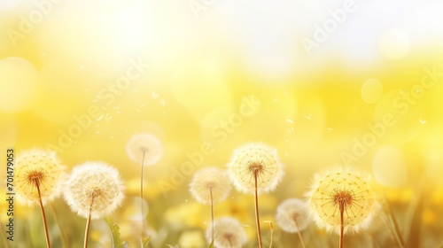 Fluffy dandelions on blurred yellow background on sunny summer day with place for text. banner