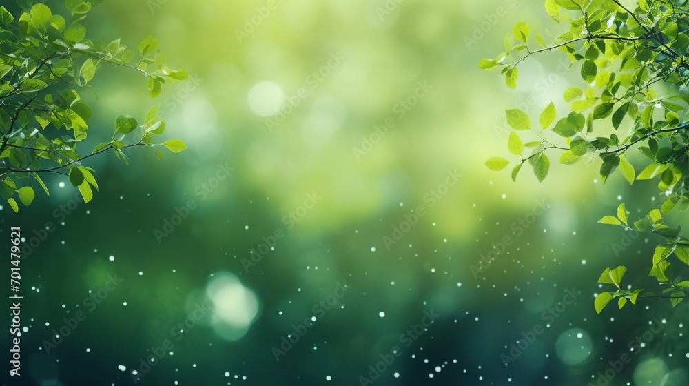 Beautiful green leaves on blurred background, space for text. Spring season. Banner for text