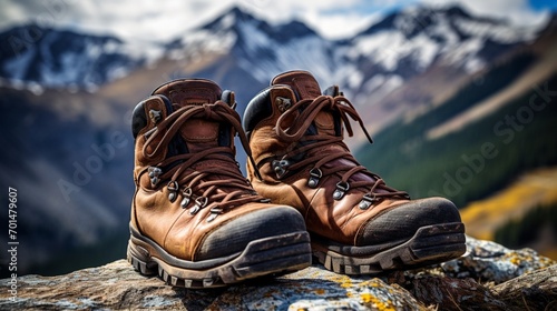 A hiker's worn-in, trail-ready hiking boots against a mountain backdrop.