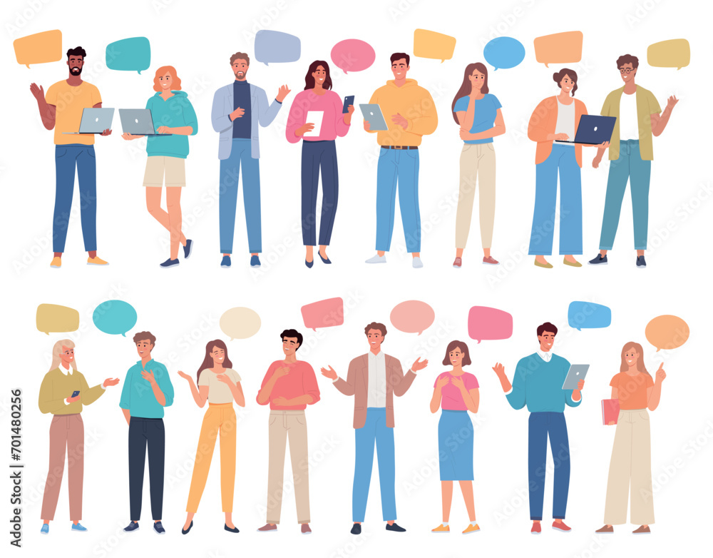 Modern young people communicate, talk, work together. Cartoon people characters with colorful dialogue bubbles design set
Modern young people communicate, talk, work together. Cartoon people characters with colorful dialogue bubbles design set