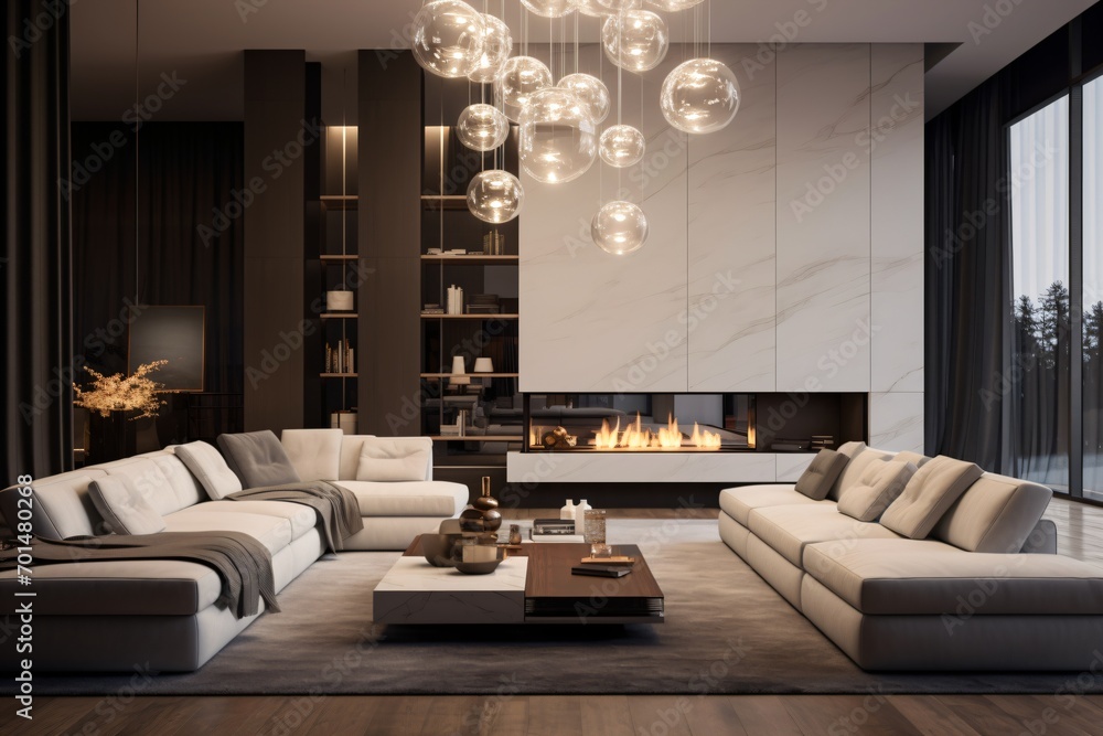 A luxurious chandelier in a spacious living room of a luxury apartment