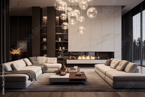 Obraz na płótnie A luxurious chandelier in a spacious living room of a luxury apartment w salonie