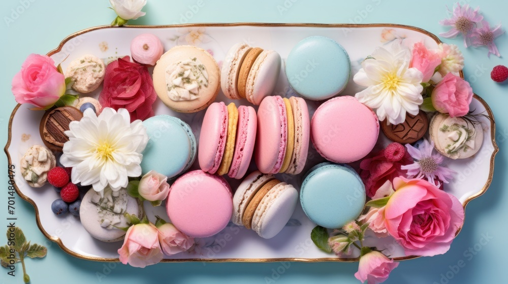 a platter of macaroons and flowers on a blue background with pink and white flowers on the side. a platter of macaroons and flowers on a blue background with pink and white flowers on the side.