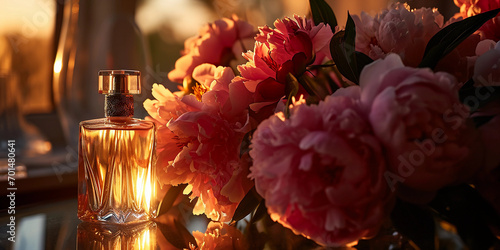 rystal perfume bottle next to a vibrant bouquet of peonies, on a glass table photo