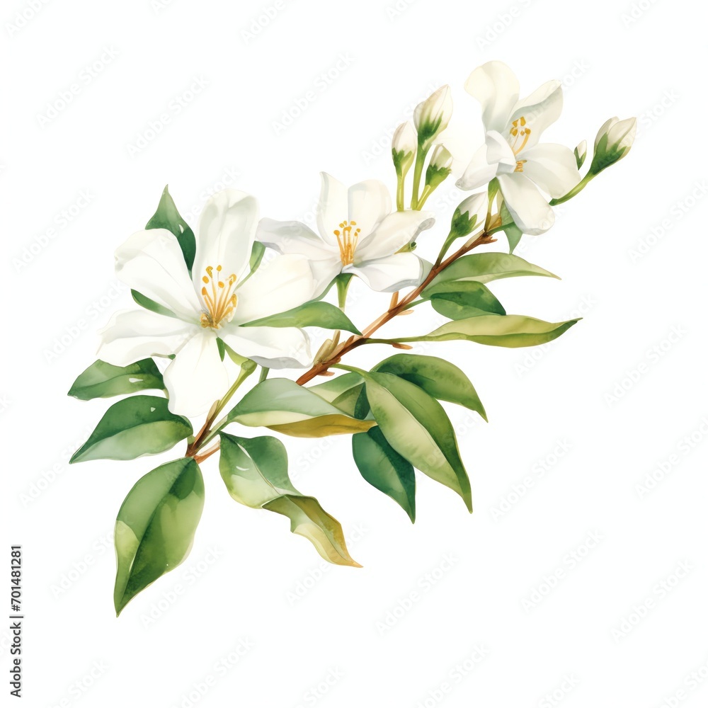 Fototapeta premium hand painted watercolor jasmine, side view, on white background
