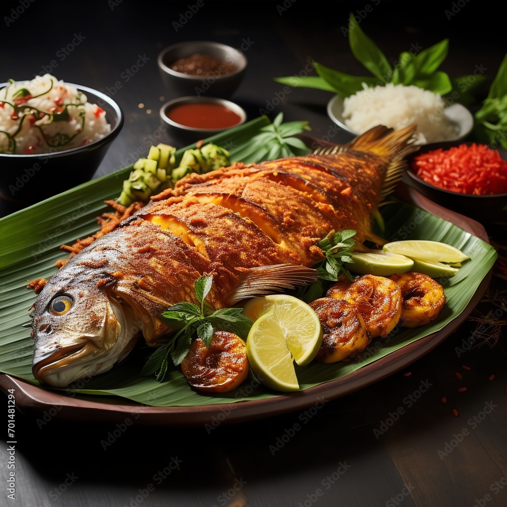 fried fish on a plate next to garnish, in the style of sumatraism fried fish on a plate next to garnish, in the style of sumatraism
