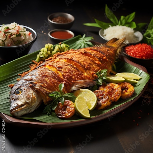 fried fish on a plate next to garnish, in the style of sumatraism photo
