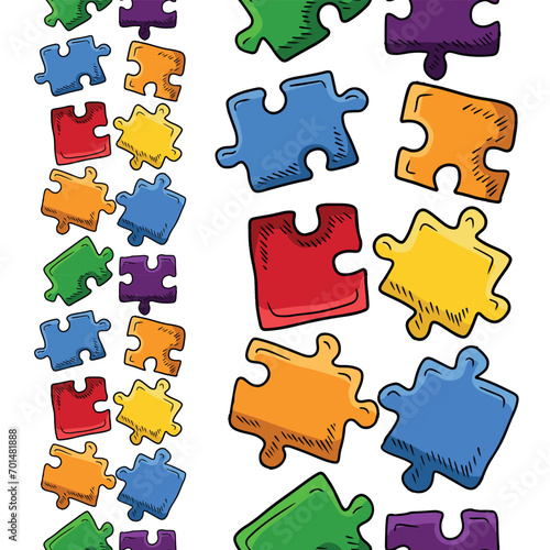 Seamless border with bright colored cartoon jigsaw puzzle pieces on white background. Hand drawn vector sketch illustration in engraving doodle outline vintage line art style. Red, green, blue orange