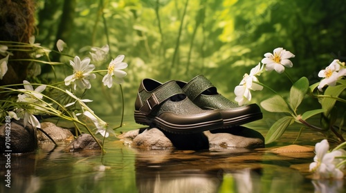A pair of Spring Step shoes placed beside a babbling brook, surrounded by lush greenery, evoking the serenity of a springtime escape.