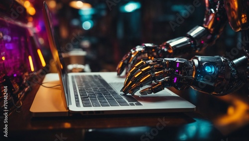 Robotic hands working on laptop. Artificial intelligence, and advance human civilization concept. Future technologies idea. With copy space.