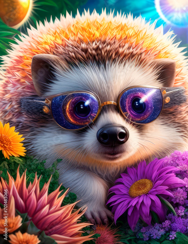 Cute hedgehog in sunglasses among flowers. Digital artwork. Close-up