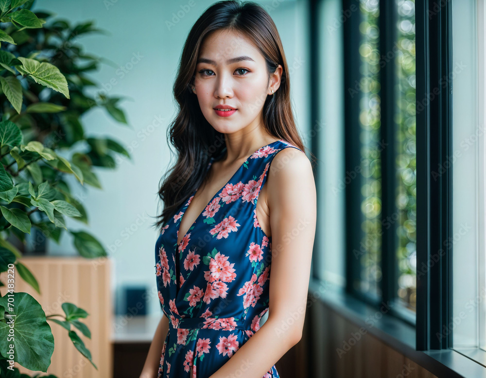 photo of beautiful asian woman with print dress inside room fresh house , generative AI photo of beautiful asian woman with print dress inside room fresh house , generative AI
