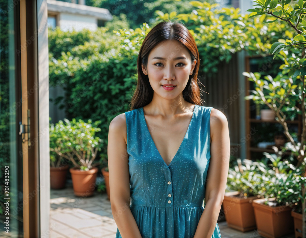 photo of beautiful asian woman with print dress inside room fresh house , generative AI photo of beautiful asian woman with print dress inside room fresh house , generative AI