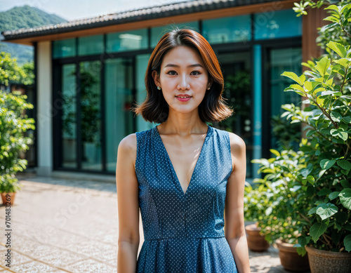 photo of beautiful asian woman with print dress inside room fresh house , generative AI