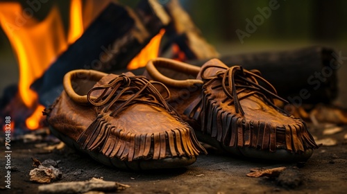 A rustic pair of leather moccasins by a campfire in the woods.