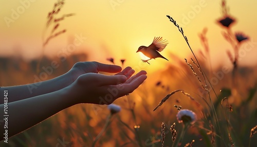 Woman praying and free bird enjoying nature at sunset, ai illustrations