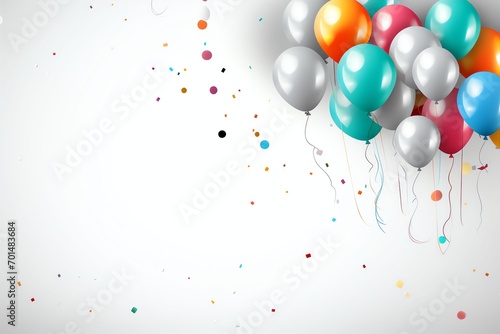 colorful balloons with happy birthday banner and confetti flying on a gray background