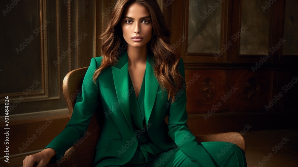 A tailored pantsuit in a striking shade of emerald green, exuding confidence.