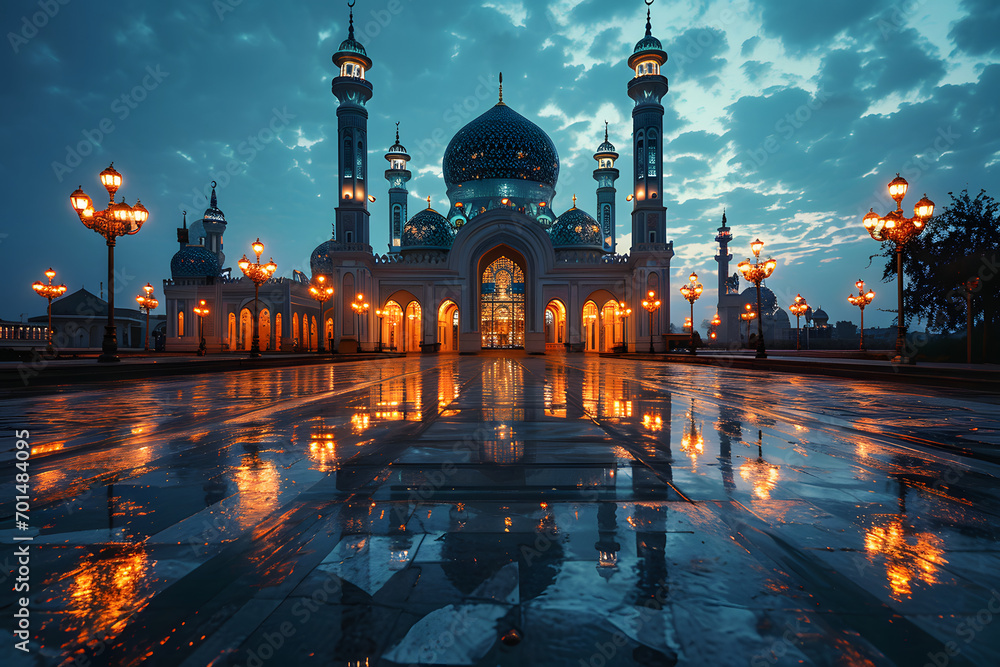 A Magnificent Mosque with a Beautiful Sky View at Sunset