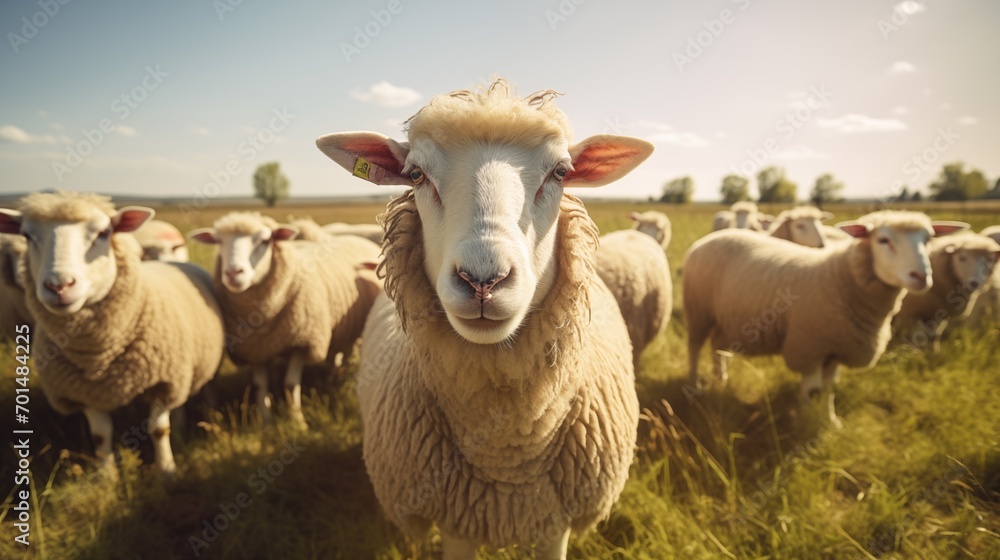 Sheep on pasture, herd of sheeps , flock of sheep in field , meadow looking at the camera with a flock of sheep and lambs behind,csunset. Eco farm concept. Natural organic farming concept Sheep on pasture, herd of sheeps , flock of sheep in field , meadow looking at the camera with a flock of sheep and lambs behind,csunset. Eco farm concept. Natural organic farming concept
