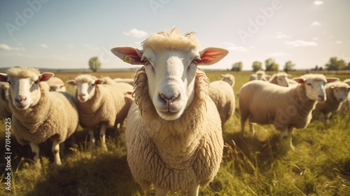 Sheep on pasture, herd of sheeps , flock of sheep in field , meadow looking at the camera with a flock of sheep and lambs behind,csunset. Eco farm concept. Natural organic farming concept