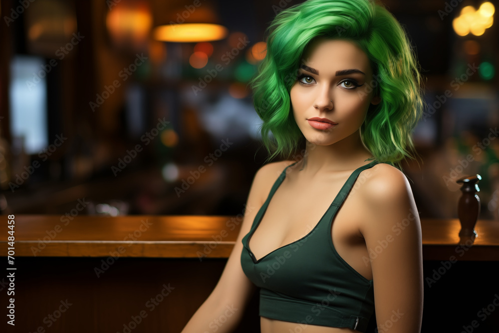 Portrait of a young tempting woman with short green hair in the bar. St patricks day. High quality photo Portrait of a young tempting woman with short green hair in the bar. St patricks day. High quality photo