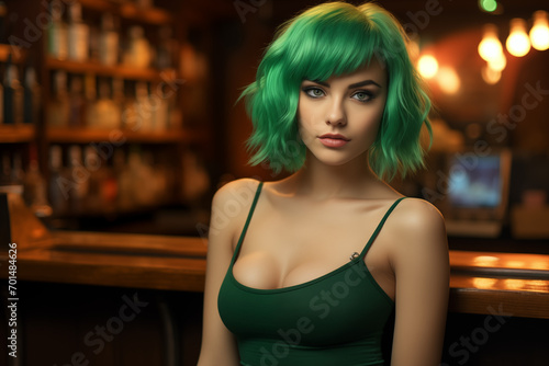 Portrait of a young tempting woman with short green hair in the bar. St patricks day. High quality photo