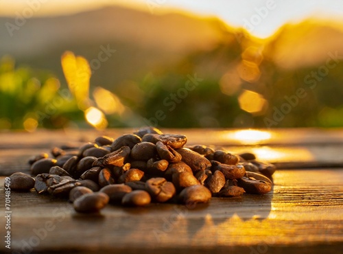 Coffee beans/grains closeup, isolated on outdoor table. Coffee agriculture concept.