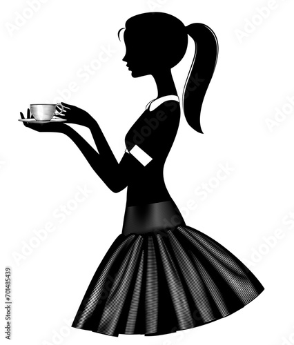 Black silhouette of a beautiful girl in a fluffy short skirt holding a cup of coffee on a saucer isolated on white. Vintage engraving stylized drawing. 
Vector illustration