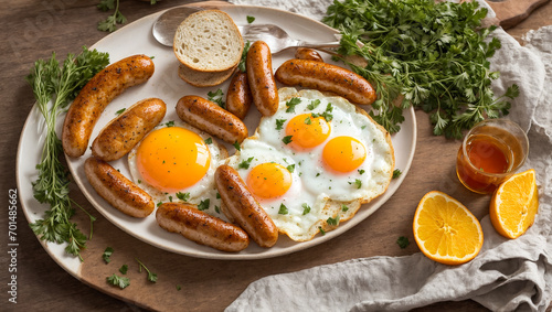 Delicious fried eggs with sausages on the kitchen table breakfast