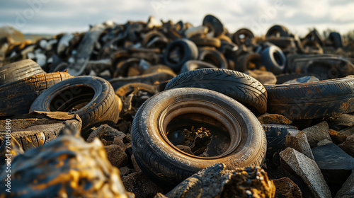 Pile of old tires for rubber recycling. Treatment of used tires and wheels in an industrial landfill.