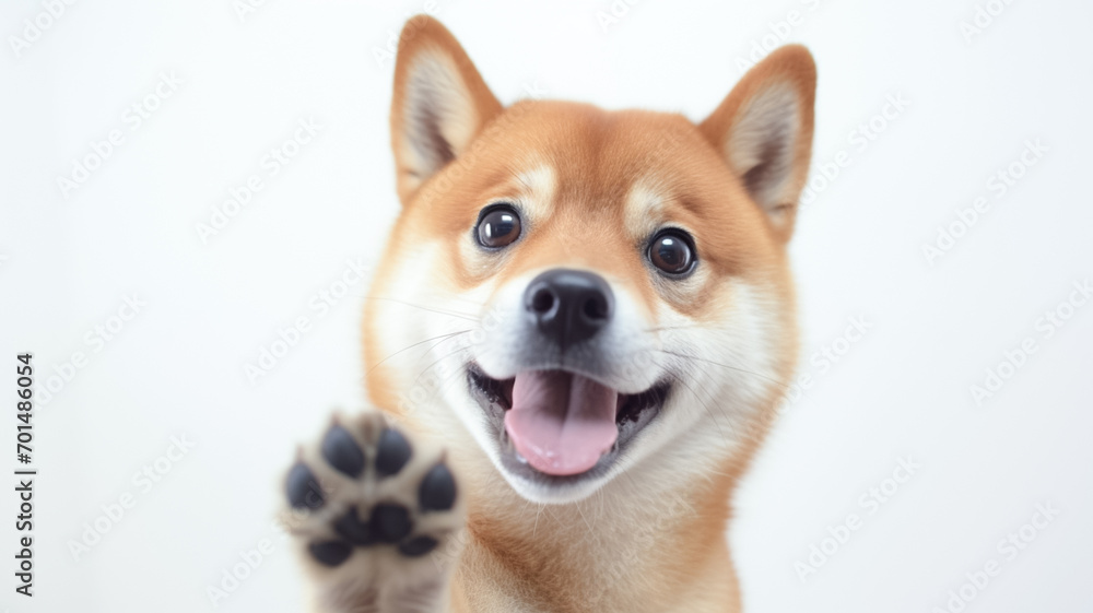 Happy cute brown and white shiba inu dog smiling and giving a high five isolated on white background.