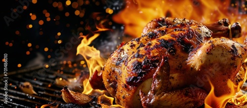 Tasty chicken legs and wings on the grill with fire flames. Creative Banner. Copyspace image