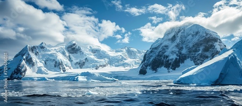 view to Drake passage from the edge of a melting glacier on King George Island in Antarctica. Creative Banner. Copyspace image