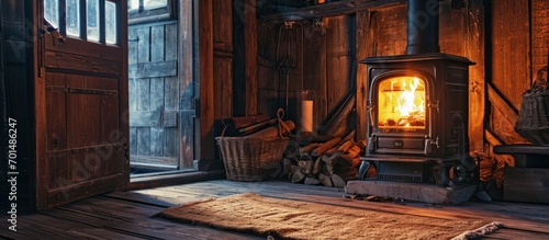 Vertical photo of wood stove fireplace with fire in metal body and glass door Wicker basket in comfort house with cozy interior in warm room. Creative Banner. Copyspace image © HN Works