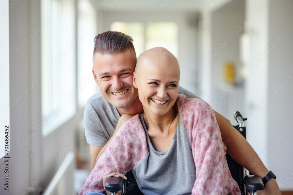 woman with cancer with her husband in hospital on wheelchair woman with cancer with her husband in hospital on wheelchair