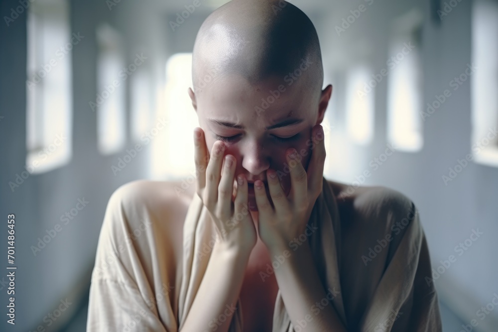 woman with cancer crying in hospidal corridor woman with cancer crying in hospidal corridor