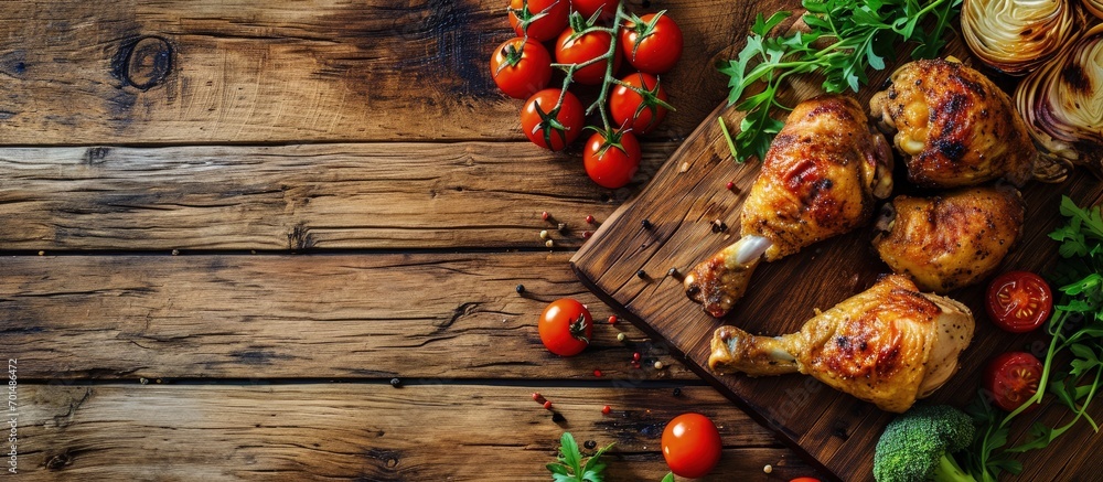 Roasted chicken drumsticks with cabbage and tomatoes high angle view on rustic wooden table. Creative Banner. Copyspace image Roasted chicken drumsticks with cabbage and tomatoes high angle view on rustic wooden table. Creative Banner. Copyspace image